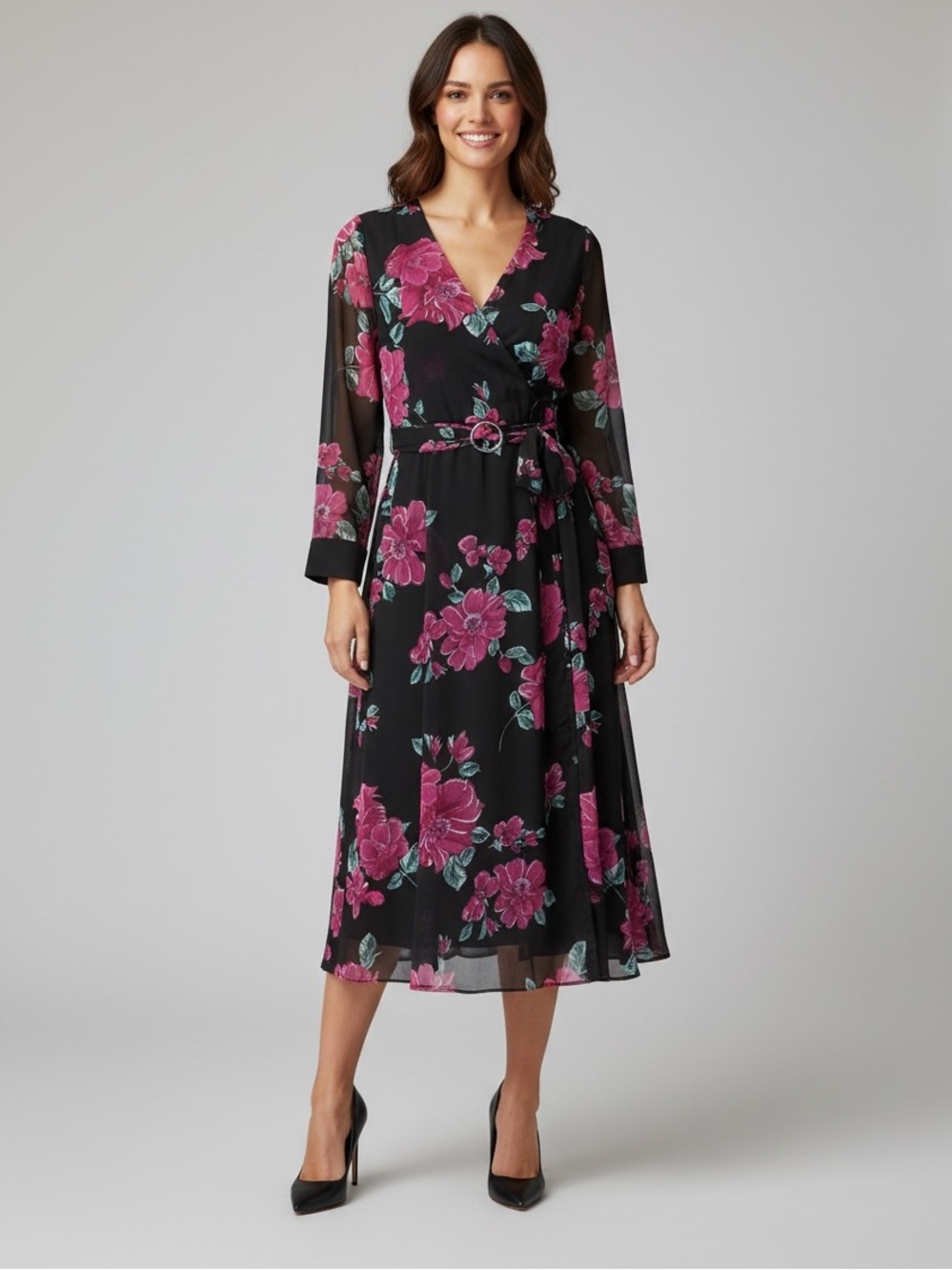 Black Floral Wrap Midi Dress with Pink Blooms